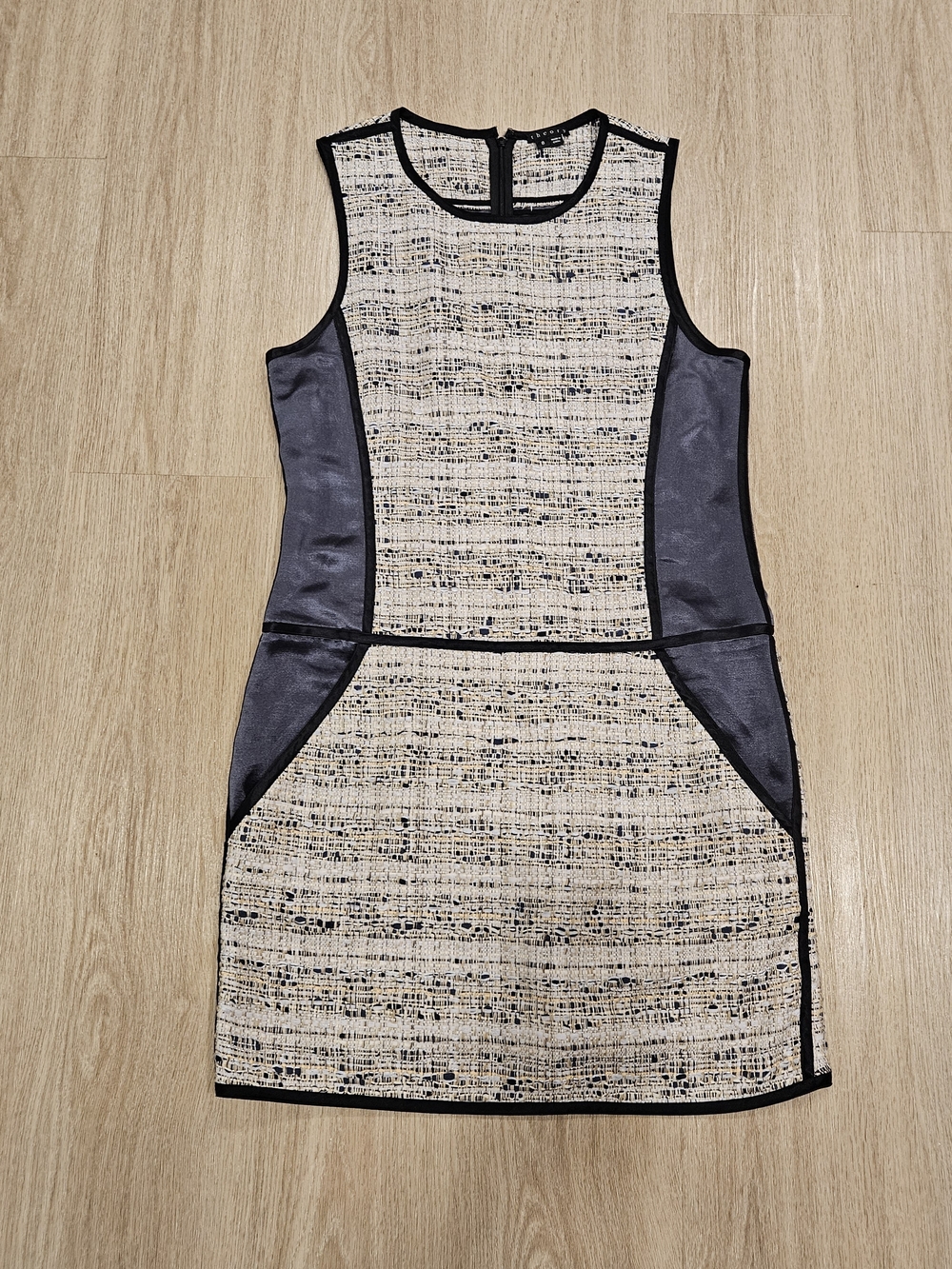 Theory Size 8 Textured Tweed & Leather Contrast Panel Sleeveless Shift Dress